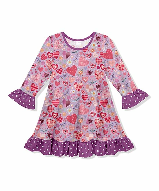 Best Sale ✨ New 😀 Penelope Plumm Lilac Floral Heart Ruffle-Trim Long-Sleeve Shift 👗 👗 Dress - Toddler & 👧 Girls 🔔 🎁