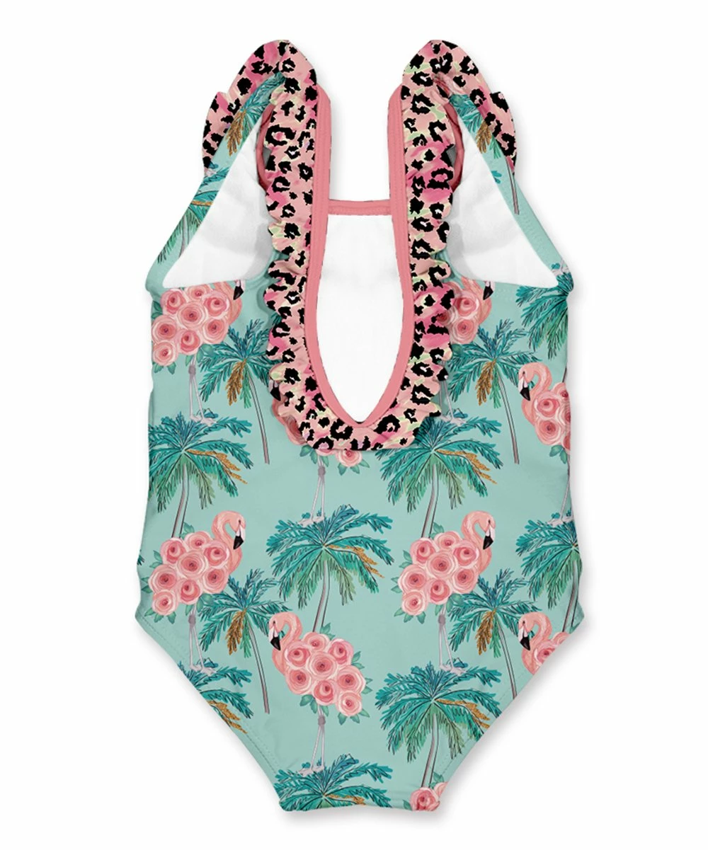 Best deal โจ Discount ๐งจ Penelope Plumm Aquamarine Flamingo Palm Tree Ruffle One-Piece - Infant & Toddler ๐ ๐คฉ - Image 2