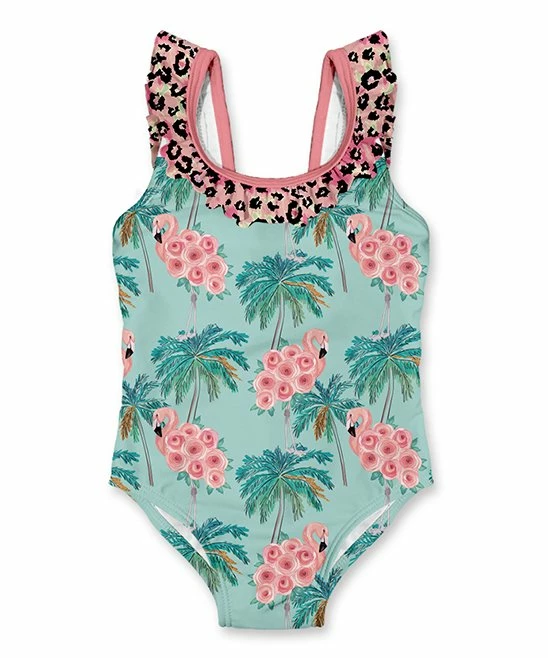 Best deal โจ Discount ๐งจ Penelope Plumm Aquamarine Flamingo Palm Tree Ruffle One-Piece - Infant & Toddler ๐ ๐คฉ