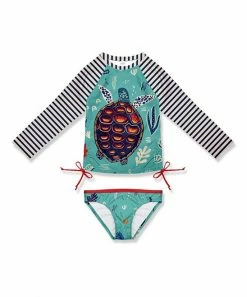 Best Pirce ⌛ Top 10 🛒 Penelope Plumm Sea Green Turtle Stripe Bow Long-Sleeve Rashguard Set - Toddler & 👧 Girls 😀 🧨