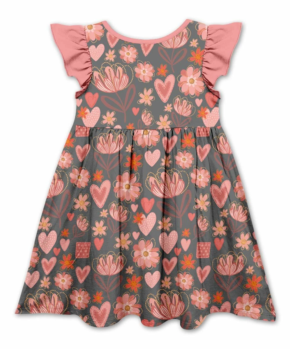 Promo ๐คฉ Best Pirce ๐ฅฐ Penelope Plumm Pink & Gray Floral Hearts Angel-Sleeve ๐ ๐ Dress - Toddler & ๐ง Girls ๐ โค๏ธ - Image 2