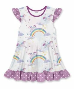 Best Pirce 🤩 Discount 🌟 Penelope Plumm White & Lilac Rainbow Unicorn Ruffle Flutter-Sleeve 👗 👗 Dress - Toddler & 👧 Girls 👍 ❤️