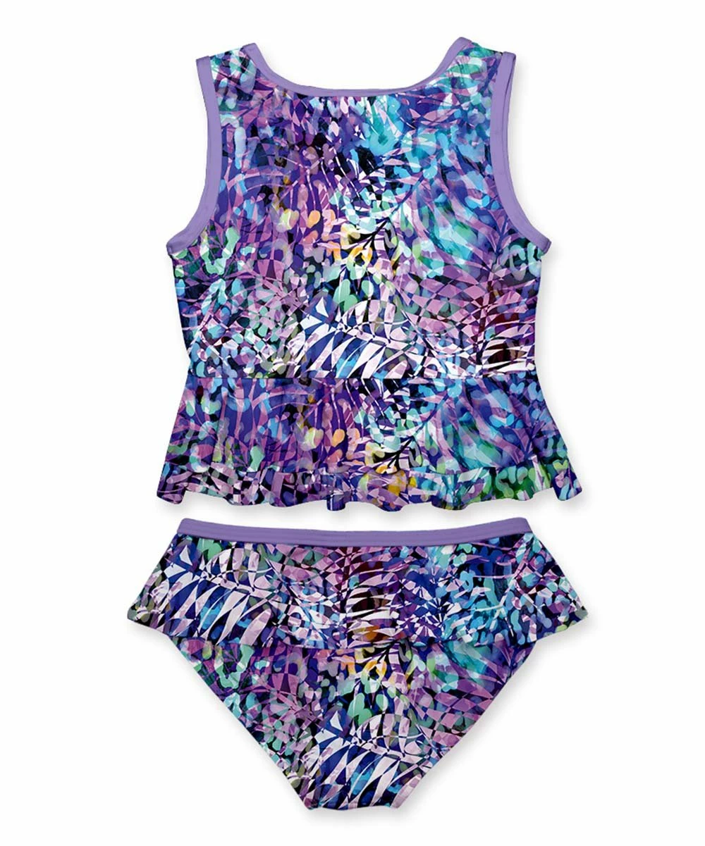 New โจ Flash Sale ๐ Penelope Plumm Purple & Blue Leaves Ruffle Tankini - Toddler & ๐ง Girls ๐ ๐ - Image 2