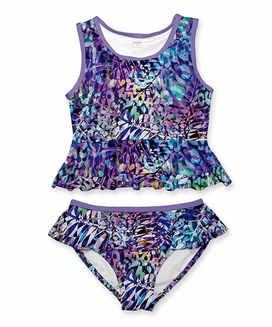 New โจ Flash Sale ๐ Penelope Plumm Purple & Blue Leaves Ruffle Tankini - Toddler & ๐ง Girls ๐ ๐