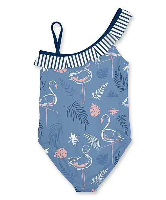 Brand new โ Budget ๐ Penelope Plumm Steel Blue Flamingo Ruffle Asymmetrical One-Piece - Toddler & ๐ง Girls ๐ฏ โจ - Image 2
