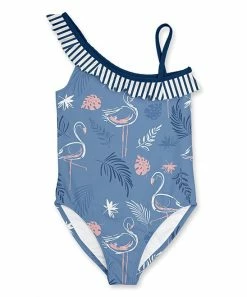 Brand new ⌛ Budget 👍 Penelope Plumm Steel Blue Flamingo Ruffle Asymmetrical One-Piece - Toddler & 👧 Girls 💯 ✨