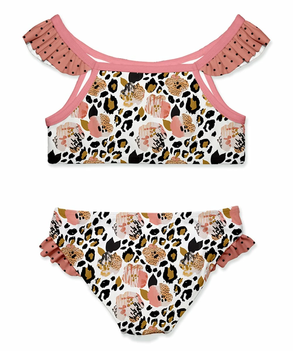 Best deal โจ Outlet ๐ Penelope Plumm White & Peach Leopard Floral Ruffle Angel-Sleeve ๐ ๐ Bikini - Toddler & ๐ง Girls ๐ฅ ๐ฅฐ - Image 2