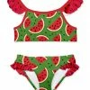 Best Sale ✔️ Promo 😍 Penelope Plumm Green & Red Watermelon Ruffle Angel-Sleeve 👙 👙 Bikini - Toddler & 👧 Girls 🔥 🤩