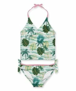 Budget 🤩 Best Pirce 💯 Penelope Plumm Light Green Palm Leaves Knotted Halter Tankini - Toddler & 👧 Girls ✔️ 😍