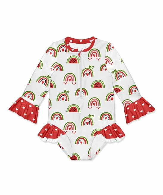 Cheap ๐งจ Flash Sale ๐ Penelope Plumm White & Red Rainbow Hearts Ruffle-Trim One-Piece Rashguard - Toddler & ๐ง Girls โญ ๐