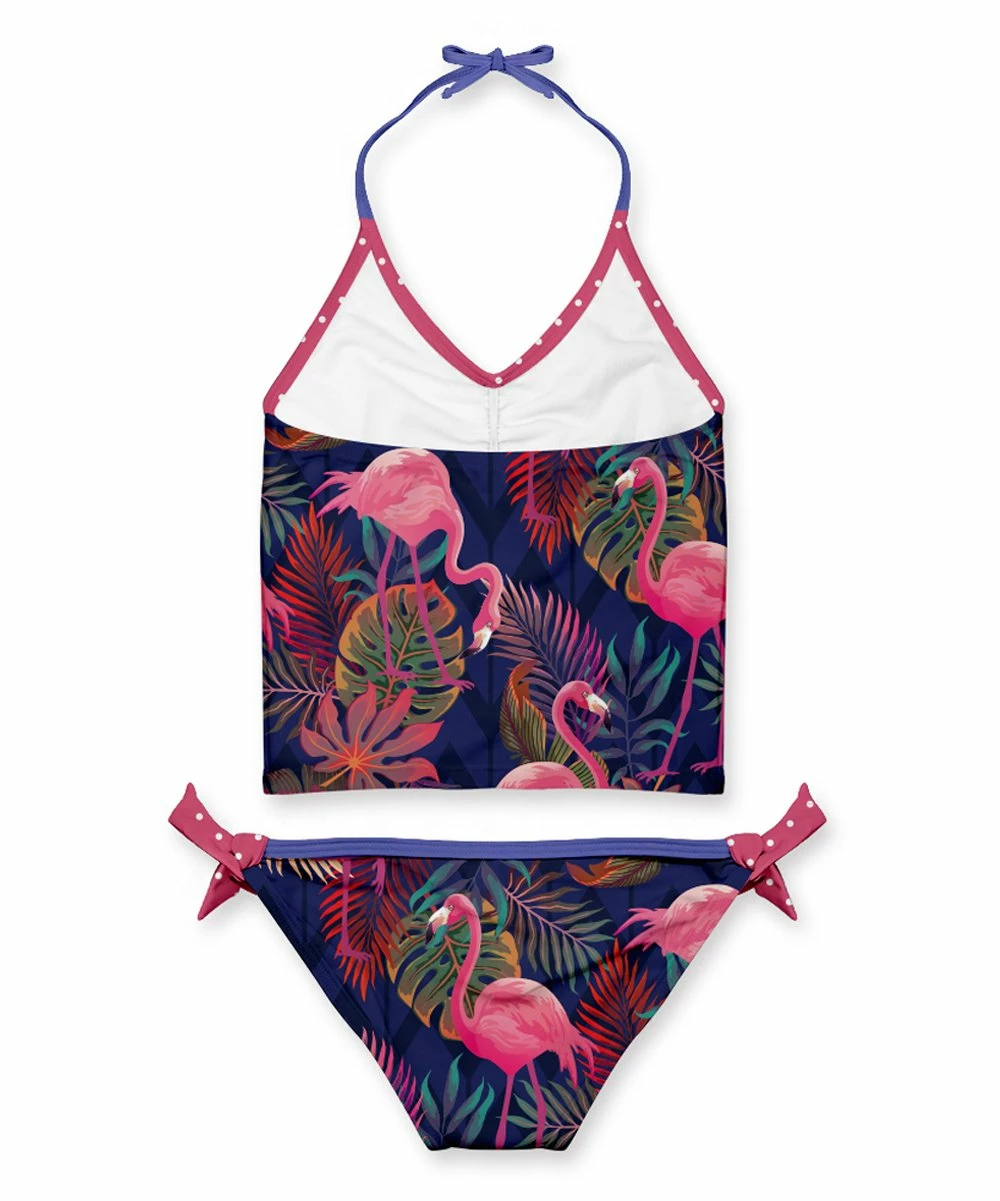 Best deal ๐ Flash Sale ๐ Penelope Plumm Dark Pink & Navy Polka Dot Flamingo Knotted Halter Tankini - Toddler & ๐ง Girls ๐ฏ ๐ - Image 2