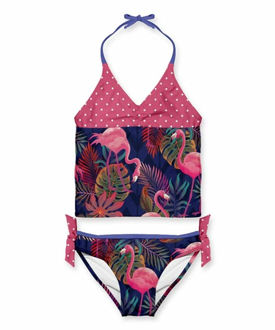 Best deal ๐ Flash Sale ๐ Penelope Plumm Dark Pink & Navy Polka Dot Flamingo Knotted Halter Tankini - Toddler & ๐ง Girls ๐ฏ ๐