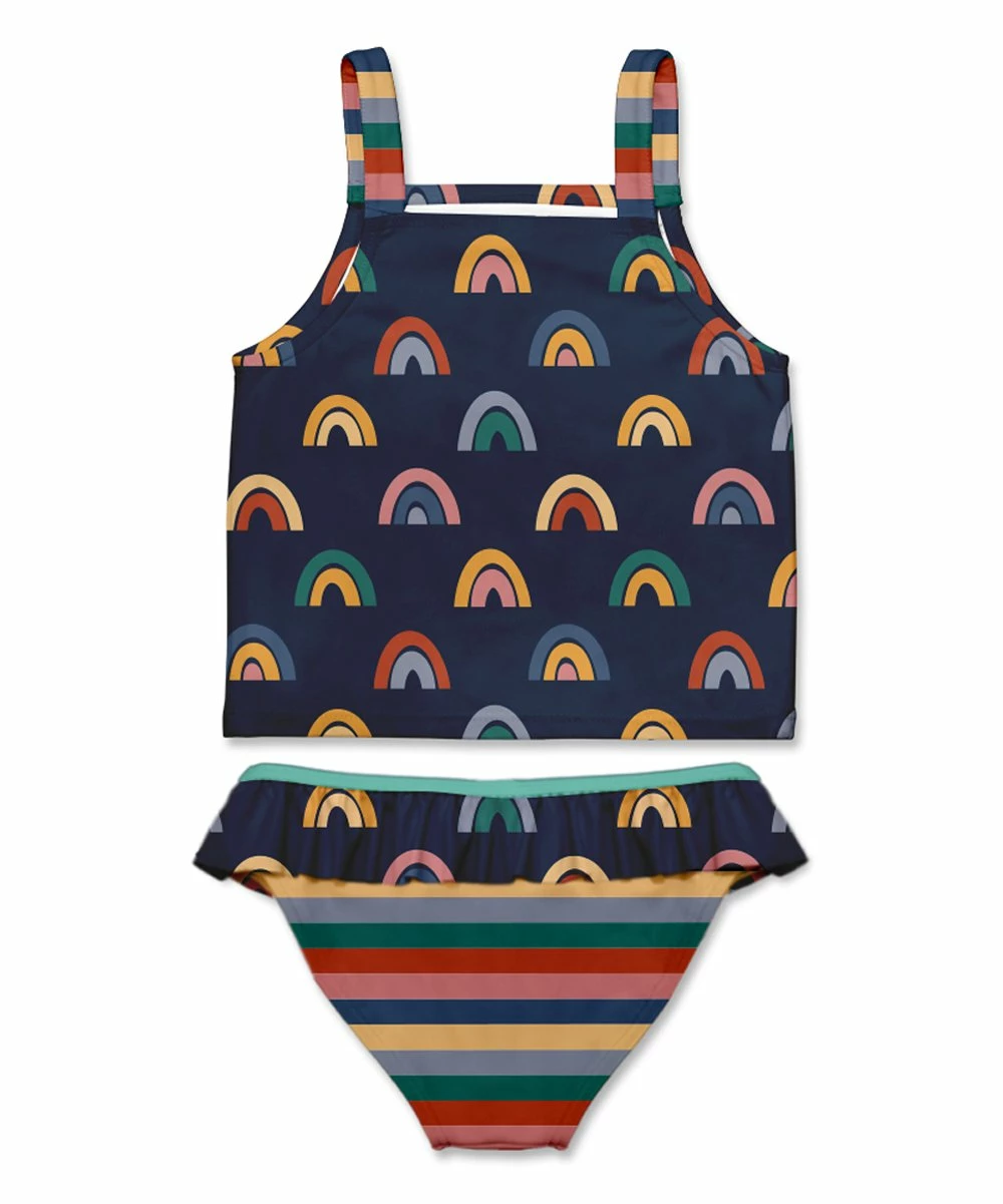 Discount ⭐ Cheapest ✨ Penelope Plumm Navy Multicolor Rainbow Stripe Ruffle-Trim Tankini - Toddler & 👧 Girls 🌟 🔥 - Image 2