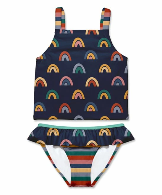 Discount ⭐ Cheapest ✨ Penelope Plumm Navy Multicolor Rainbow Stripe Ruffle-Trim Tankini - Toddler & 👧 Girls 🌟 🔥