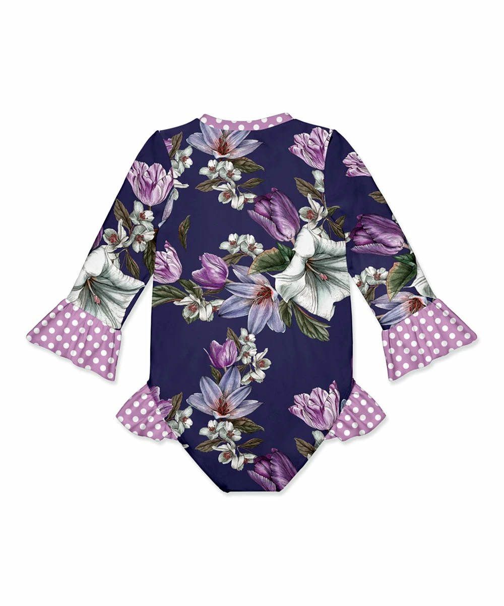 Deals ๐ฏ Outlet ๐คฉ Penelope Plumm Purple & Navy Floral Polka Dot Ruffle-Trim One-Piece Rashguard - Toddler & ๐ง Girls ๐ โ๏ธ - Image 2
