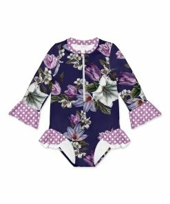 Deals 💯 Outlet 🤩 Penelope Plumm Purple & Navy Floral Polka Dot Ruffle-Trim One-Piece Rashguard - Toddler & 👧 Girls 🌟 ✔️
