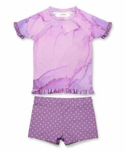 Top 10 🛒 Hot Sale 🤩 Penelope Plumm Lilac & Pink Marbleized Ruffle-Hem Short-Sleeve Rashguard Set - Toddler & 👧 Girls 🧨 😀
