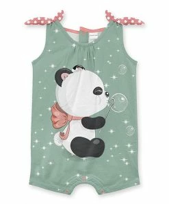 Hot Sale ๐ Flash Sale โ๏ธ Penelope Plumm Green & White Sparkle Panda Bow-Accent Knot Sleeveless Romper - Infant ๐ โ