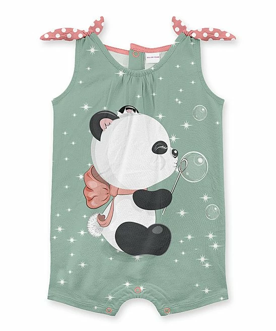 Hot Sale ๐ Flash Sale โ๏ธ Penelope Plumm Green & White Sparkle Panda Bow-Accent Knot Sleeveless Romper - Infant ๐ โ