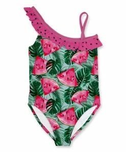 Promo 🔔 Cheap ✔️ Penelope Plumm Hot Pink & Green Watermelon Asymmetrical One-Piece 🩱 🩱 Swimsuit - Toddler & 👧 Girls ❤️ 🛒