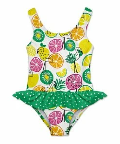 Coupon 😀 Best Sale ⌛ Penelope Plumm White & Yellow Fruit Flamingo 👗 👗 Skirted One-Piece - Infant, Toddler & 👧 Girls 😀 ❤️