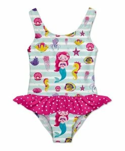 Buy ๐ Budget ๐งจ Penelope Plumm Light Blue & Fuchsia Stripe Mermaid ๐ ๐ Skirted One-Piece - Infant, Toddler & ๐ง Girls โค๏ธ ๐