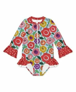 Wholesale ❤️ Outlet ⭐ Penelope Plumm Sky & Red Floral Ruffle Long-Sleeve One-Piece Rashguard - Toddler & 👧 Girls 💯 🎁