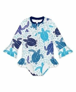 Best deal 🎉 Brand new 🥰 Penelope Plumm White & Blue Sea Turtle Ruffle Long-Sleeve One-Piece Rashguard - Toddler & 👧 Girls ⌛ 🧨