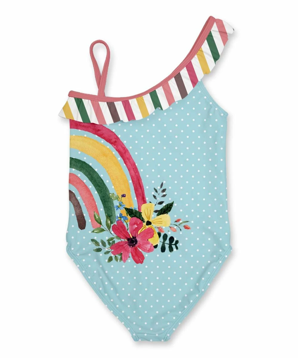 Outlet โจ Outlet ๐ฅฐ Penelope Plumm Blue Dots Rainbow Floral Asymmetrical One-Piece - ๐ง Girls โค๏ธ ๐ - Image 2