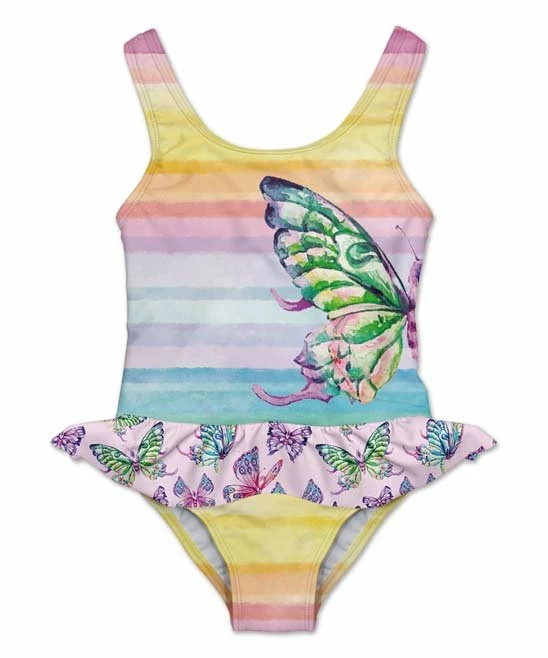 Buy ๐ Best Pirce ๐ Penelope Plumm Yellow & Blue Stripe Butterfly ๐ ๐ Skirted One-Piece - Infant, Toddler & ๐ง Girls โญ ๐