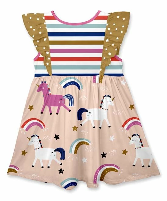 Promo ๐ Buy ๐ Penelope Plumm Apricot & Blue Stripes Unicorns Angel-Sleeve ๐ ๐ Dress - ๐ง Girls ๐ โญ - Image 2
