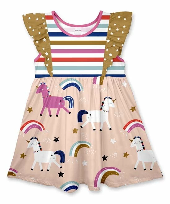 Promo ๐ Buy ๐ Penelope Plumm Apricot & Blue Stripes Unicorns Angel-Sleeve ๐ ๐ Dress - ๐ง Girls ๐ โญ