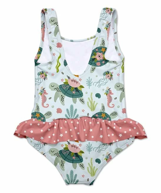 Coupon ๐ Flash Sale โญ Penelope Plumm Powder Blue & Dusty Pink Dots & Turtle ๐ ๐ Skirted One-Piece - Infant, Toddler & ๐ง Girls ๐งจ ๐ - Image 2