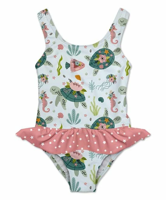 Coupon ๐ Flash Sale โญ Penelope Plumm Powder Blue & Dusty Pink Dots & Turtle ๐ ๐ Skirted One-Piece - Infant, Toddler & ๐ง Girls ๐งจ ๐