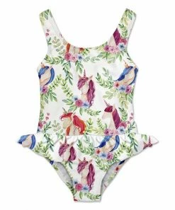 Best Pirce 👍 Outlet ✨ Penelope Plumm White & Green Unicorn Leaves 👗 👗 Skirted One-Piece - Infant, Toddler & 👧 Girls ❤️ 💯