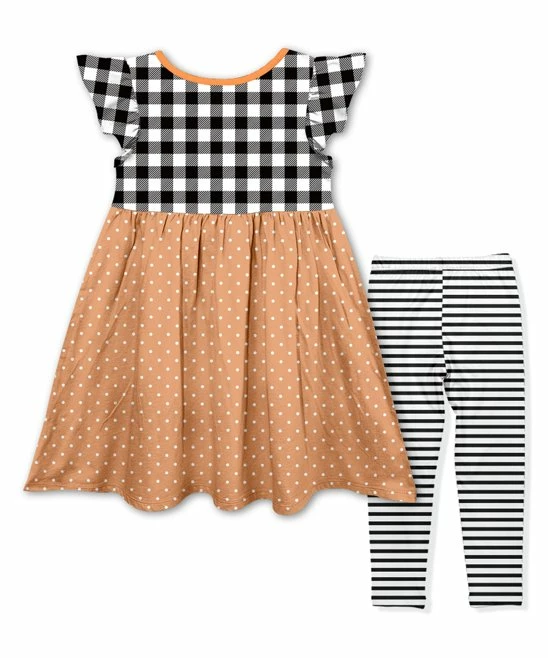 Best Pirce ๐ Wholesale ๐ Penelope Plumm Black Check Pumpkin Angel-Sleeve ๐ ๐ Dress & Stripe Legging - Toddler & ๐ง Girls ๐ ๐งจ - Image 2