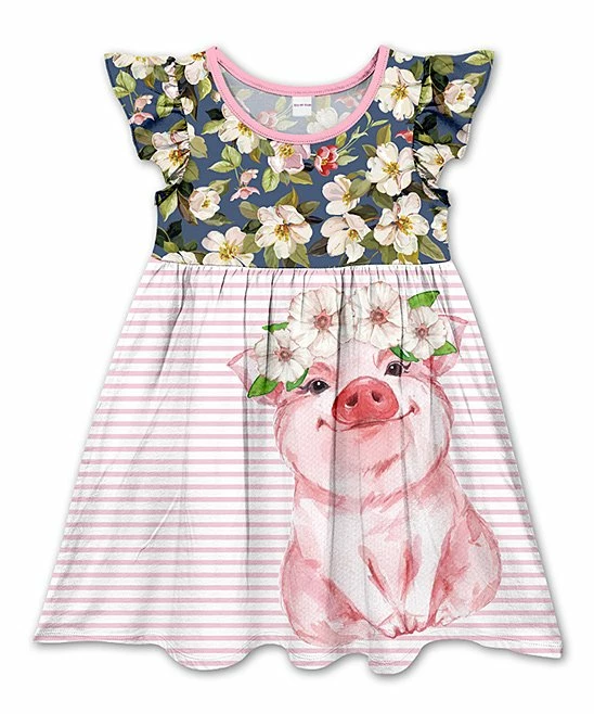 Best Pirce ๐ Promo ๐ Penelope Plumm Light Pink & Navy Floral Pig Angel-Sleeve ๐ ๐ Dress - Toddler & ๐ง Girls ๐ โญ