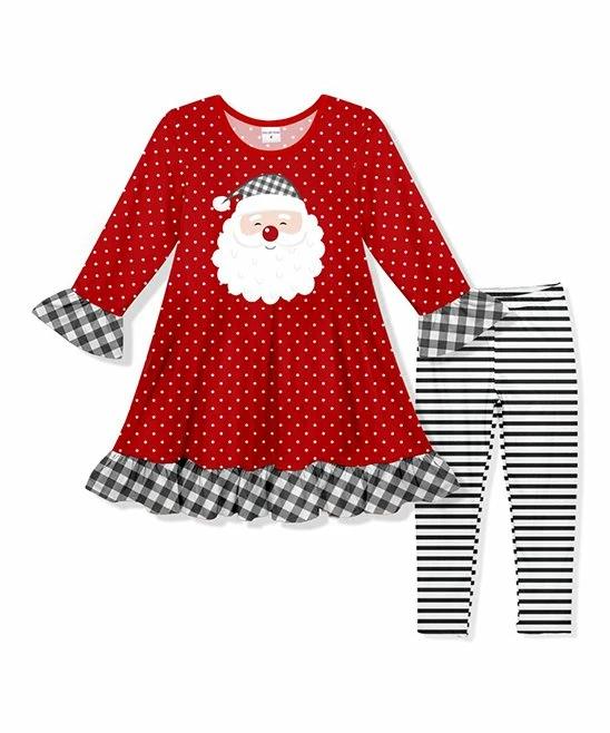 Budget ๐งจ Cheapest ๐ Penelope Plumm Red Dot Santa Ruffle-Trim Shift ๐ ๐ Dress & Black Stripe Leggings - ๐ง Girls โ๏ธ โจ