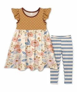 Best Sale π Top 10 β€οΈ Penelope Plumm Pink & Wheat Floral Angel-Sleeve π π Dress & Stripe Leggings - π§ Girls π π