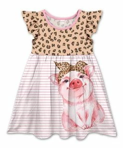 Budget ⌛ Best Pirce 🥰 Penelope Plumm Sepia & Pink Leopard Stripe Pig Angel-Sleeve 👗 👗 Dress - 👧 Girls 👍 🛒