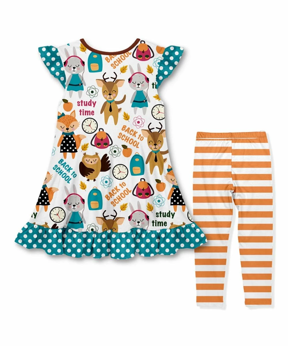 Cheapest π Best Pirce π€© Penelope Plumm Blue 'School' Angel-Sleeve π π Dress & Orange Stripe Leggings - Toddler & π§ Girls π₯° π - Image 2