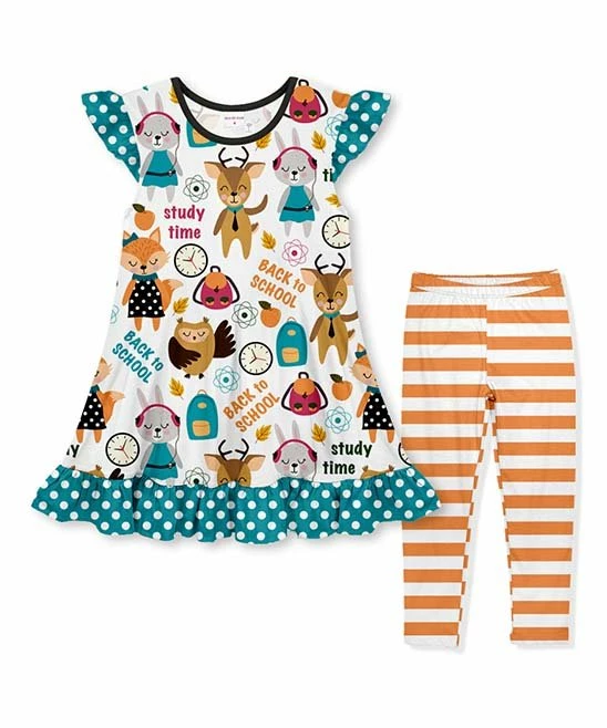 Cheapest π Best Pirce π€© Penelope Plumm Blue 'School' Angel-Sleeve π π Dress & Orange Stripe Leggings - Toddler & π§ Girls π₯° π