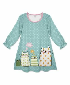 Budget ๐ฅ Hot Sale ๐ฅฐ Penelope Plumm Sea Green Dot & Cats Bishop-Sleeve Shift ๐ ๐ Dress - Toddler & ๐ง Girls ๐ ๐ฅ