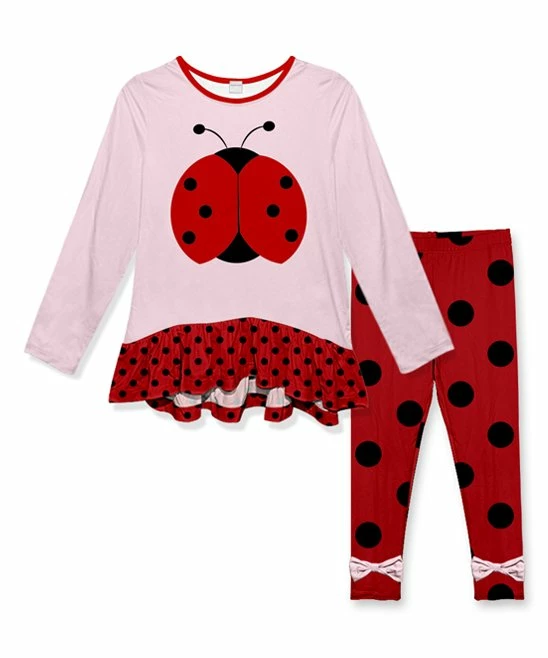 Best Sale 👍 Top 10 ✨ Penelope Plumm Pink Ladybug Ruffle Tunic & Red Polka Dot Leggings - Toddler & 👧 Girls 😀 👍