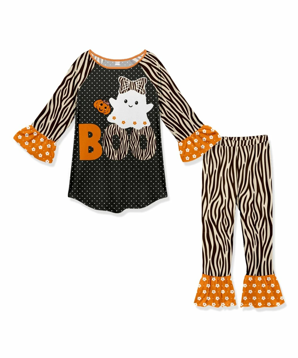 Hot Sale โญ Wholesale ๐ Penelope Plumm Black Dot Ghost 'Boo' Raglan Tunic & Floral Ruffle-Hem Pants - ๐ง Girls ๐ ๐งจ