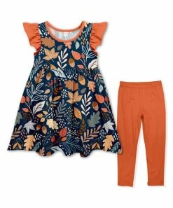 Promo 😉 New 😍 Penelope Plumm Navy & Orange Leaves Angel-Sleeve 👗 👗 Dress & Orange Leggings - Toddler 🎉 😉