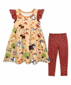 Best Sale 🤩 Cheapest 🤩 Penelope Plumm Light Orange Animals Angel-Sleeve 👗 👗 Dress & Wine Red Dot Leggings - Toddler & 👧 Girls 🤩 🥰
