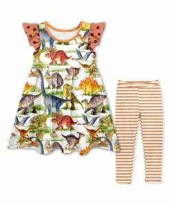 Cheapest ๐ Budget โจ Penelope Plumm White & Blue Dinosaur Angel-Sleeve ๐ ๐ Dress & Orange Stripe Leggings - Toddler & ๐ง Girls ๐ฏ ๐ฅ