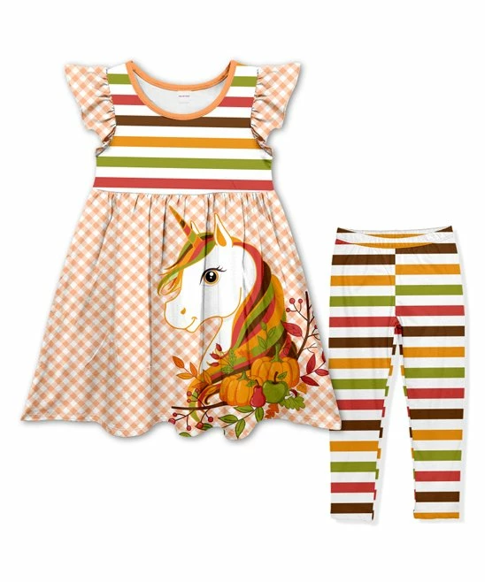Wholesale โ๏ธ Best deal ๐ Penelope Plumm Orange Unicorn Angel-Sleeve ๐ ๐ Dress & Orange Stripe Leggings - Toddler & ๐ง Girls ๐งจ ๐