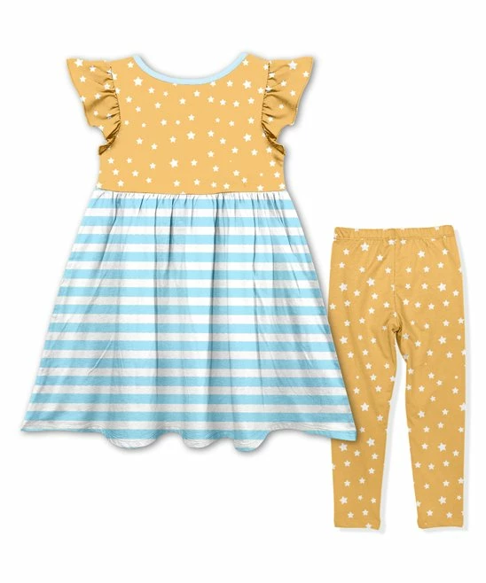 New โญ Flash Sale ๐ Penelope Plumm Yellow & Aqua Unicorn Angel-Sleeve ๐ ๐ Dress & Yellow Stars Leggings - Toddler & ๐ง Girls ๐ โจ - Image 2